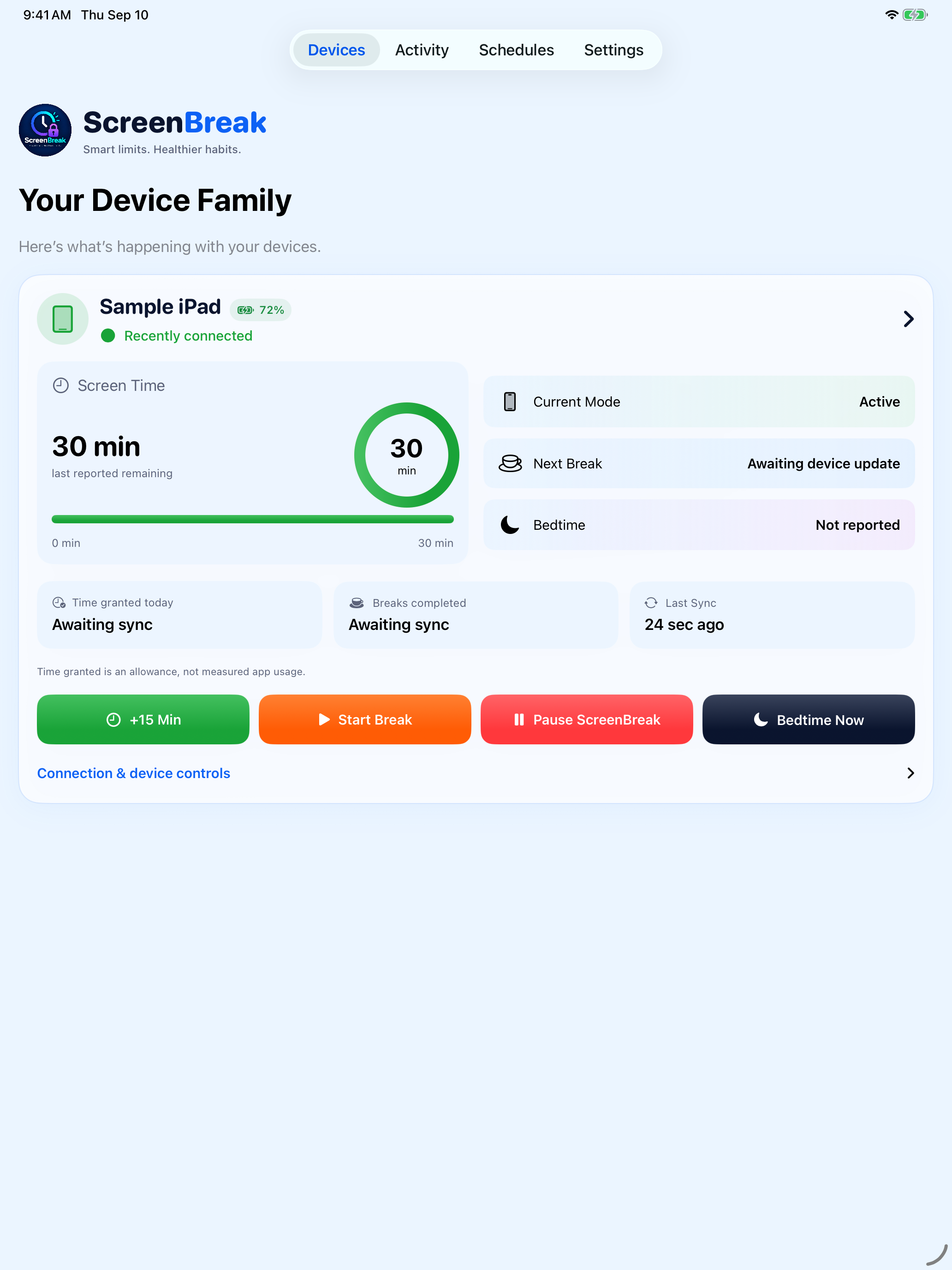 ScreenBreak iPad dashboard showing a paired device, its screen time, current mode, next break, and bedtime