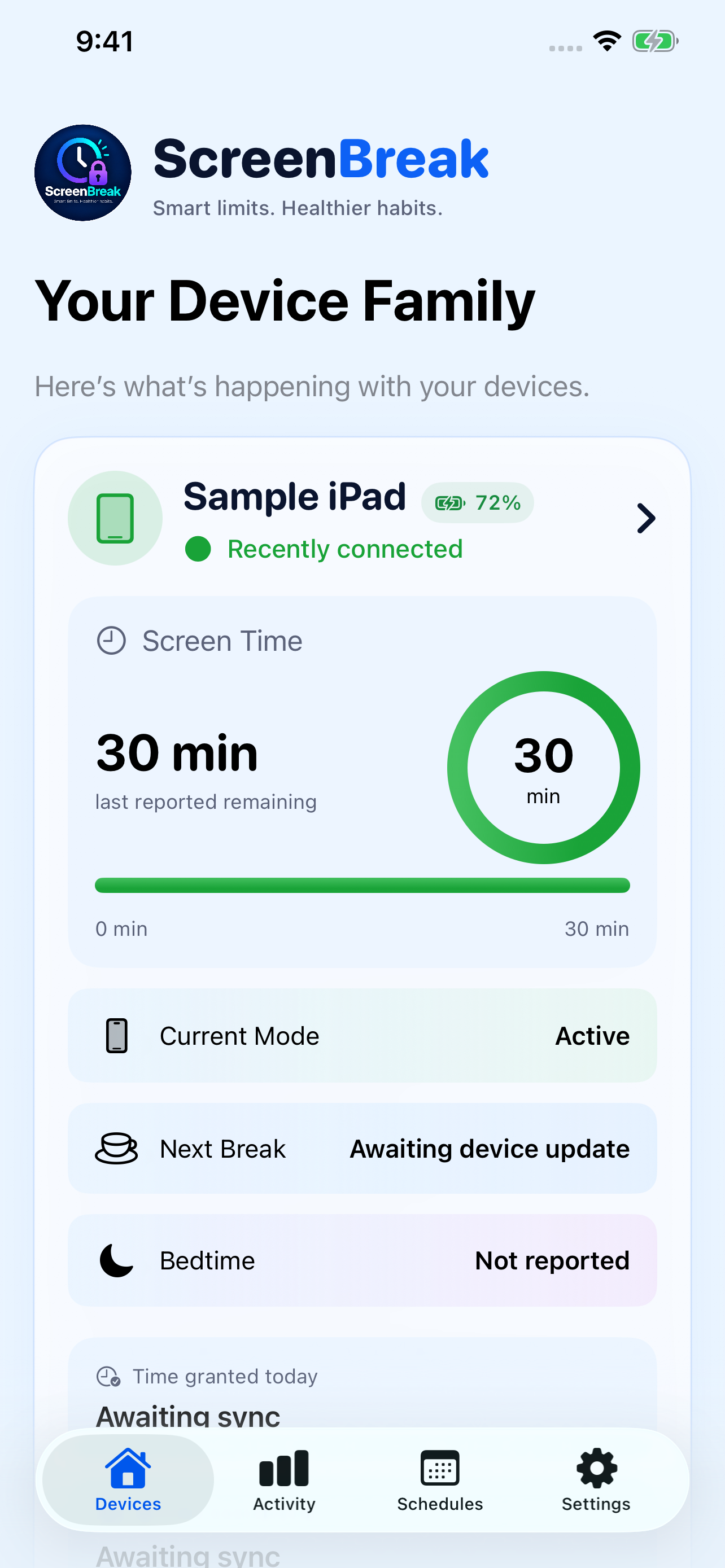 ScreenBreak iPhone dashboard showing the device family and a sample iPad with 30 minutes of screen time